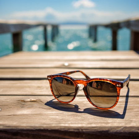 Sunglasses on Wooden Table by Sea Generative AIの素材