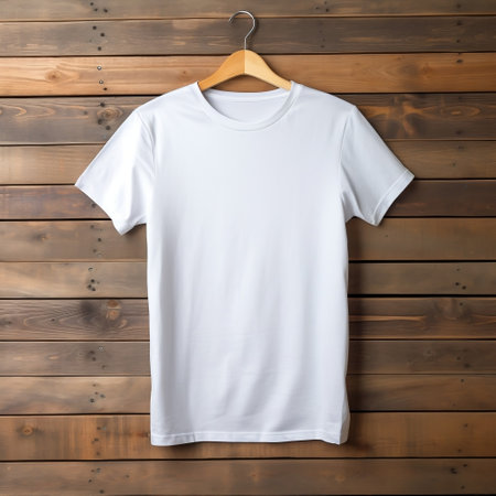White T-Shirt on Hanger on Wooden Background Generative AIの素材