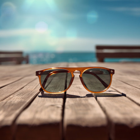 Sunglasses on Wooden Table by Sea Generative AIの素材