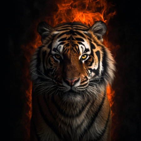 Siberian Tiger on Black Background with Burning Effect Generative AIの素材