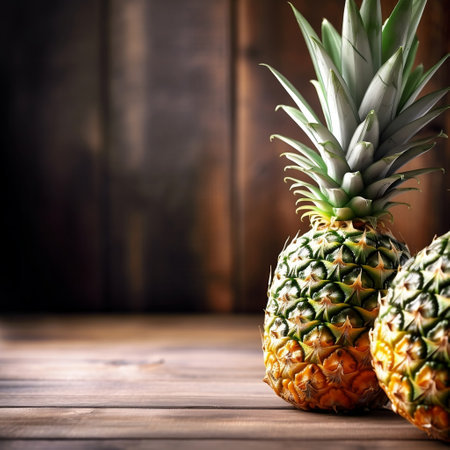Pineapple Fruit on Wooden Table with Copy Space Generative AIの素材