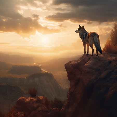 Wolf Standing on Edge of Cliff and Watching Generative AIの素材