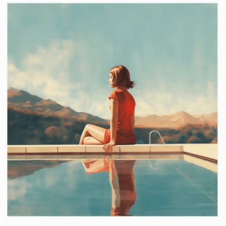 Young Woman Sitting on Edge of Swimming Pool Generative AIの素材