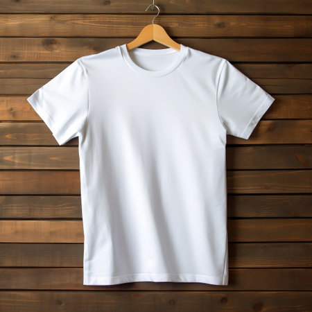 White T-Shirt on Hanger on Wooden Background Generative AIの素材