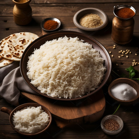 Plate of Rice and Naan Bread on Wooden Background Generative AIの素材