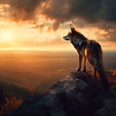 Wolf Standing on Edge of Cliff and Watching Generative AIの素材
