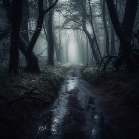 Pathway through Spooky and Gloomy Forest Generative AIの素材