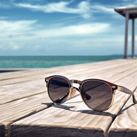 Sunglasses on Wooden Table by Sea Generative AIの素材