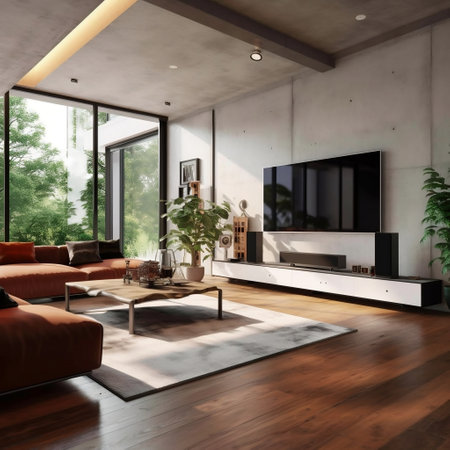 Television in Modern Living Room with Concrete Generative AIの素材