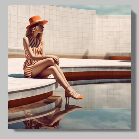 Young Woman Sitting on Edge of Swimming Pool Generative AIの素材