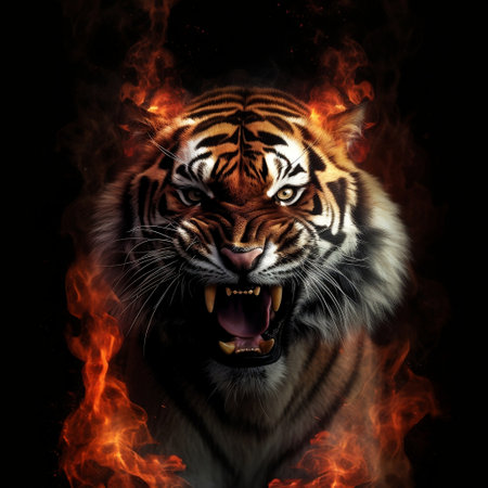 Siberian Tiger on Black Background with Burning Effect Generative AIの素材