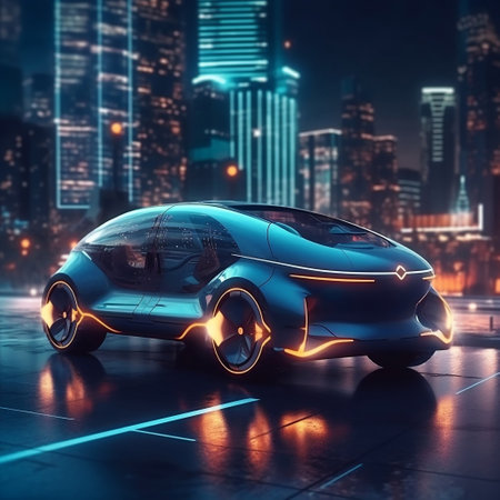 Futuristic Electric Vehicle (EV) System: Nighttime Scene with Electric Car Generative AIの素材