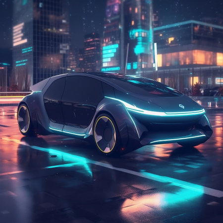 Futuristic Electric Vehicle (EV) System: Nighttime Scene with Electric Car Generative AIの素材