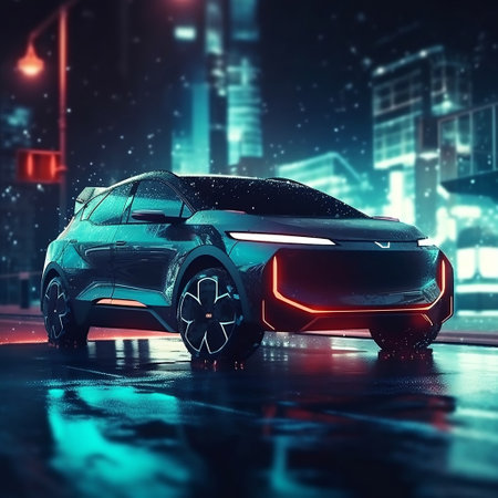 Futuristic Electric Vehicle (EV) System: Nighttime Scene with Electric Car Generative AIの素材