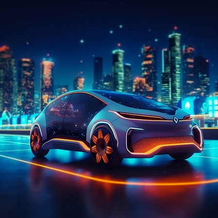 Futuristic Electric Vehicle (EV) System: Nighttime Scene with Electric Car Generative AIの素材