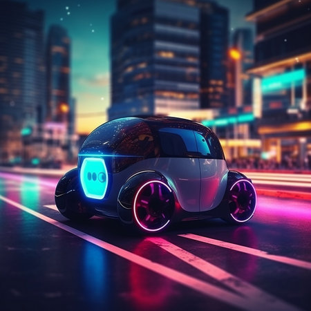 Futuristic Electric Vehicle (EV) System: Nighttime Scene with Electric Car Generative AIの素材