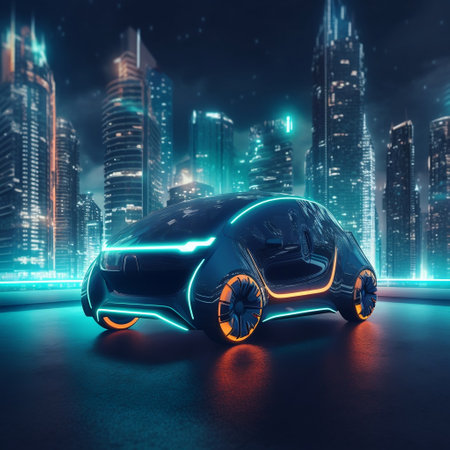Futuristic Electric Vehicle (EV) System: Nighttime Scene with Electric Car Generative AIの素材