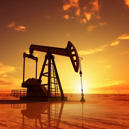 Silhouetted Crude Oil Pumpjack on Desert at Dusk Generative AIの素材