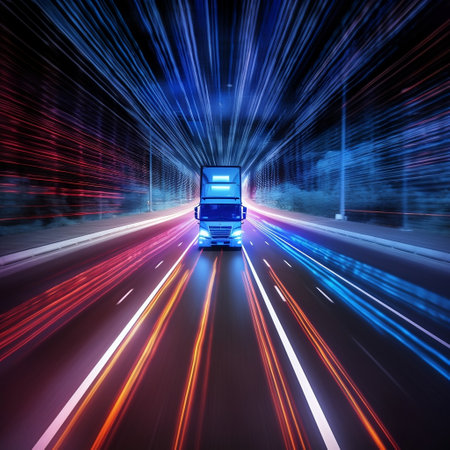 Nighttime Highway: Truck with Car Headlights Generative AIの素材