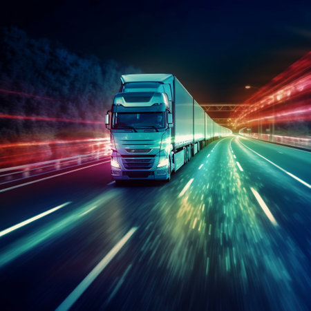 Nighttime Highway: Truck with Car Headlights Generative AIの素材