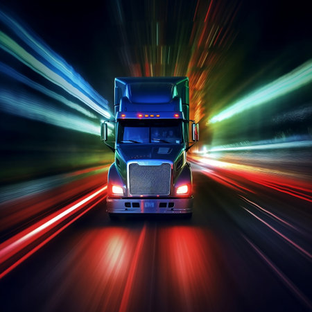 Nighttime Highway: Truck with Car Headlights Generative AIの素材