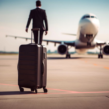 Runway Suitcase: Blurred Airplane Background Generative AIの素材