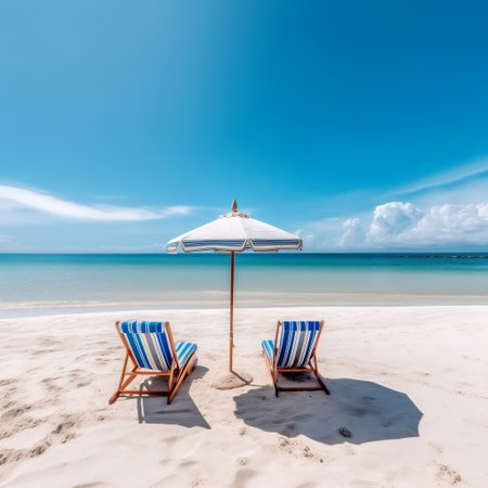 White Sand Beach Banner: Chairs and Umbrella Generative AIの素材