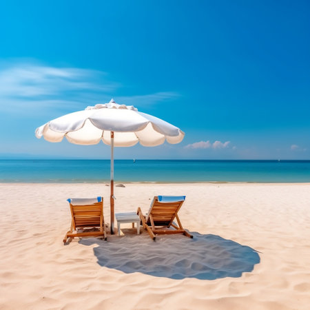 White Sand Beach Banner: Chairs and Umbrella Generative AIの素材