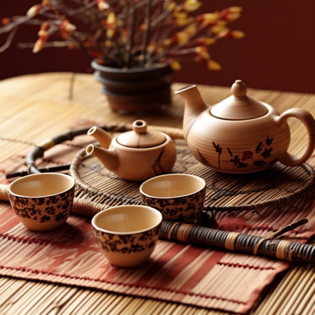 Japanese Tea Set: Bamboo Background Generative AIの素材