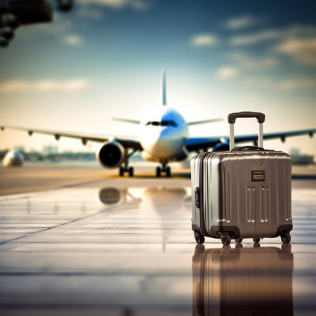 Runway Suitcase: Blurred Airplane Background Generative AIの素材