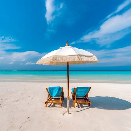 White Sand Beach Banner: Chairs and Umbrella Generative AIの素材