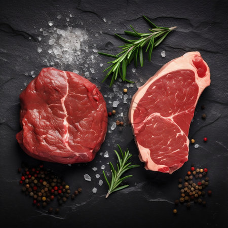 Raw Steak on Slate: Dark Background Generative AIの素材