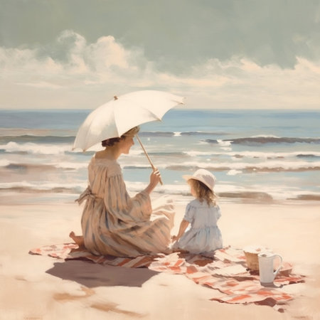 Leisurely Beach Day: Mother and Child Generative AIの素材