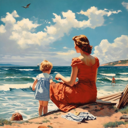 Leisurely Beach Day: Mother and Child Generative AIの素材
