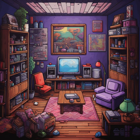 16-bit Pixel Art Room with TV and Books Generative AIの素材
