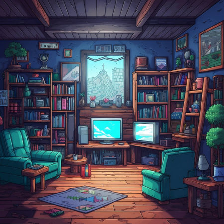 16-bit Pixel Art Room with TV and Books Generative AIの素材