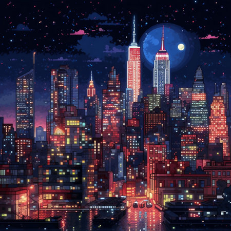 32 Pixel Art New York City at Night Generative AIの素材