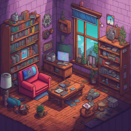 16-bit Pixel Art Room with TV and Books Generative AIの素材