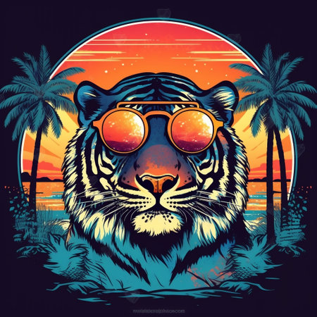 Tiger in Sunglasses at Cool Sunset Generative AIの素材