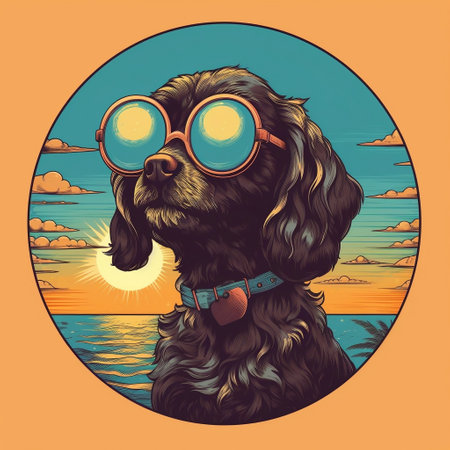 Illustration of a Dog Wearing Sunglasses Against a Cool Sunset Generative AIの素材