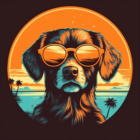 Illustration of a Dog Wearing Sunglasses Against a Cool Sunset Generative AIの素材