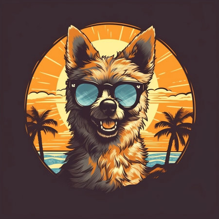Illustration of a Dog Wearing Sunglasses Against a Cool Sunset Generative AIの素材