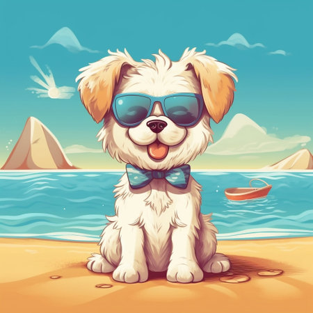 Cute Cartoon Dog on Beach with Sunglasses Generative AIの素材