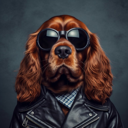 Cool Spaniel in Leather Jacket and Sunglasses Generative AIの素材