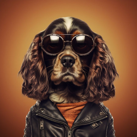 Cool Spaniel in Leather Jacket and Sunglasses Generative AIの素材
