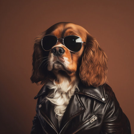 Cool Spaniel in Leather Jacket and Sunglasses Generative AIの素材