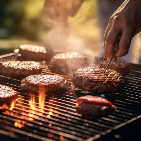 Grilling Man Flipping Beef Burgers Generative AIの素材