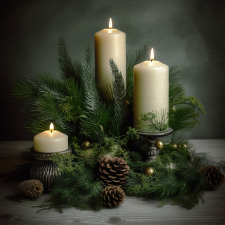 Festive Candles and Fir Branches Generative AIの素材