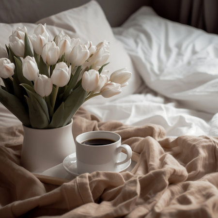 Coffee and White Tulips Bedside Beauty Generative AIの素材