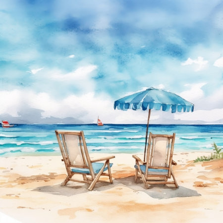 Serene Beach Scene White Sand Generative AIの素材